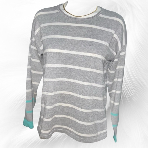 89th & Madison Women’s Gray White Teal Striped Crew Sweater Zipper On Back EUC - Picture 2 of 6